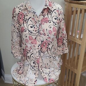 Chico’s No Iron 1P Petite (US 8/10) Polo Shirt Pink Navy Floral 3/4 Sleeve